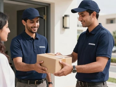 Close-up of a secure package handoff between a professional courier in a navy uniform and a customer at a modern UAE doorstep, bright natural daylight, 35mm