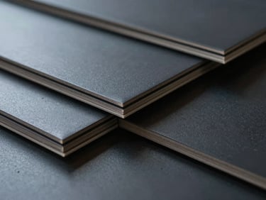 Close-up of stacked matte black vinyl floor tiles and heavy-gauge PVC sheets, dramatic industrial lighting with deep shadows, cold grey tones