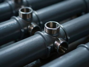 Extreme close-up of heavy-gauge dark grey PVC plumbing pipes and industrial connectors, cold metallic side-lighting, macro detail, 35mm
