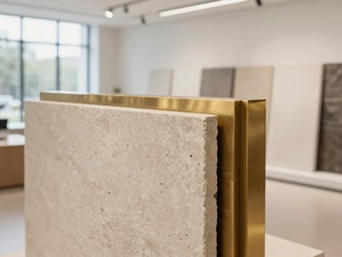 Close-up of premium architectural materials, textured stone, and brushed brass details in a bright contemporary gallery