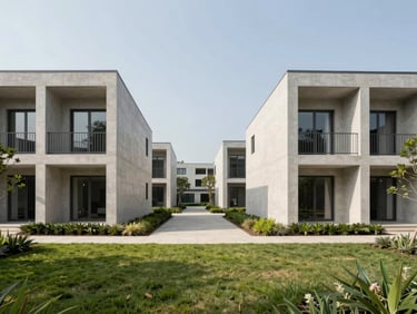 Symmetric exterior shot of modern low-density residential blocks, clean concrete facades, manicured green landscape, bright daylight