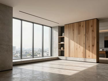 Modern luxury penthouse interior in Noida, clean minimalist design, concrete and warm wood elements, bright natural daylight, 35mm lens