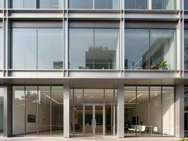 Symmetric architectural photograph of a modern glass and steel office facade in Noida, crisp daylight, clean minimalist lines, high-end editorial style