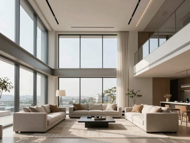 High-end modern penthouse living room, high ceilings, structural steel beams, neutral warm tones, bright daylight, architectural photography