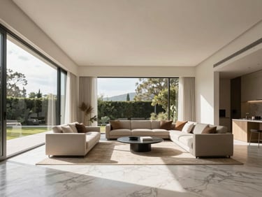 Minimalist luxury villa interior with marble flooring, expansive glass windows letting in bright natural daylight, refined custom furniture, editorial style