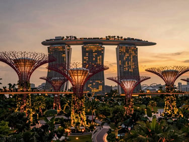Elegant modern architecture of Singapore gardens at dusk, warm ambient lighting, rich tones, 35mm lens