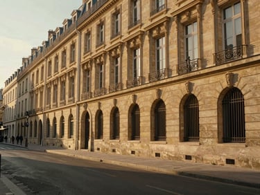 Wide angle warm editorial photograph of a quiet Parisian street at golden hour, elegant stone architecture, soft shadows, 35mm lens