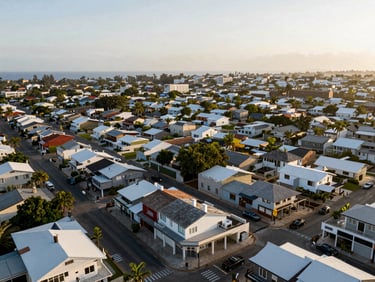Drone aerial of Labone residential streets — compact high-value plots, boutique commercial ground floors, coastal proximity haze in the background, warm afternoon light