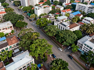 Drone aerial of Cantonments neighbourhood — wide roads, colonial-era and contemporary mixed architecture, generous setbacks and mature shade trees, soft natural daylight