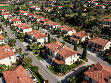 Aerial view of Trasacco Valley gated estate — manicured internal roads, uniform high-specification villas with terracotta roofs, green communal landscaping, shot in clear midday light