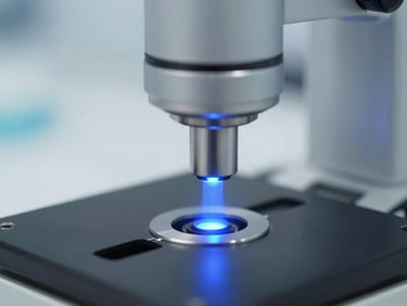 Crisp clinical laboratory photography of high-precision micro-tech component under cool blue laser light, cleanroom setting.