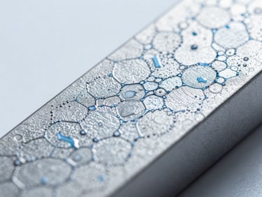 Extreme macro shot of advanced metallic alloy coating showing molecular-level crystalline structure, sterile white light.