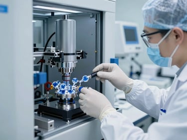 Engineers in sterile white cleanroom gear adjusting a high-precision molecular synthesis chamber, cool blue technical lighting.