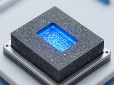 Macro shot of an advanced thermal barrier material under intense localized heat testing, glowing blue and cool gray tones.