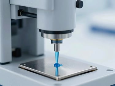 Close-up of a precision laboratory apparatus dispensing a micro-tech polymer coating onto a titanium surface, sterile cleanroom environment.