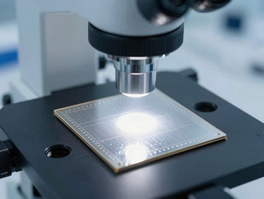 Silicon wafer micro-chip array under a clinical inspection microscope, crisp white lighting, sterile laboratory setting.