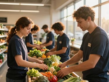 Candid action shot of volunteers in matching shirts organizing fresh vegetables in a bright, modern community pantry, golden-hour light.