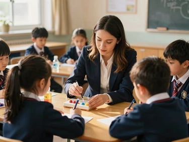 Candid medium shot of a young educator working with children in a bright classroom, warm natural daylight, rich navy and gold undertones