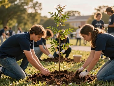 Hands-on volunteering scene with community members planting trees in a local park, soft golden-hour light, shallow depth of field