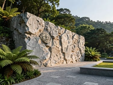 Crisp morning light on a massive hand-carved limestone retaining wall integrated into a hillside, surrounded by deep green ferns and architectural gravel paths.