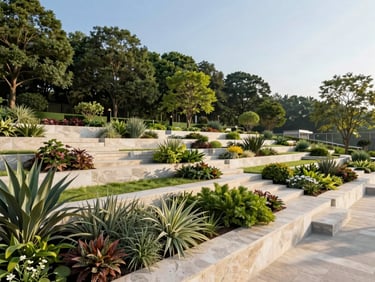 Wide-angle landscape shot of a premium commercial development with structural grading and mature specimen plantings, crisp morning light