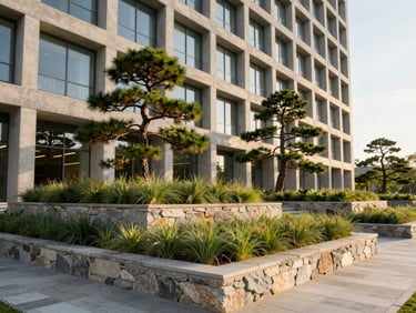A modern commercial headquarters with structural concrete walls, integrated stone masonry planters filled with ornamental grasses and mature specimen pine trees, sharp architectural lines, golden hour light.