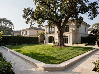 A high-end residential estate garden with clean-cut limestone borders, a mature specimen oak tree, crisp morning light casting long shadows across a manicured lawn, architectural home in the background.