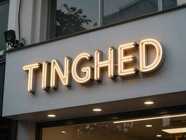 Finished neon box sign mounted on a shopfront facade at dusk, glowing letters sharp against the building wall, real-world urban Tangerang street context, natural fading daylight