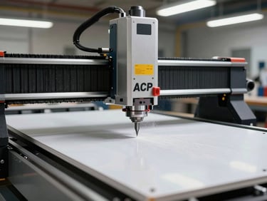Wide workshop shot showing a CNC router carving an ACP panel, router bit close-up with material dust visible, tungsten overhead lights, industrial workspace background