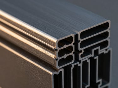 A sharp macro shot of a black anodized aluminium facade profile corner joint, showcasing precise gaskets and internal thermal break chambers, dramatic lighting