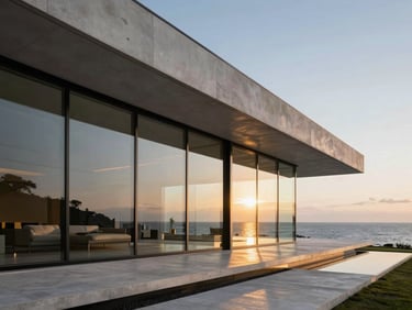 Modern luxury minimalist villa with expansive glass walls, golden-hour light reflecting off clean glass surfaces, overlooking the sea.