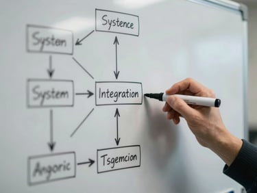 Overhead close-up of a whiteboard covered in system integration diagrams and flow arrows, a hand holding a marker mid-draw, cool daylight-balanced lighting, technical workspace context visible at edges