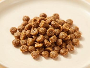 Overhead studio shot of a small pile of dry oven-baked kibble pieces on a warm cream ceramic surface, high-key diffused daylight, subtle soft-focus depth to convey development-stage anticipation