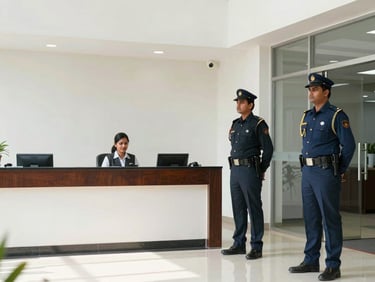 A bright corporate office lobby in India with a professional receptionist and a security guard standing in a disciplined posture near the entrance, natural daylight.