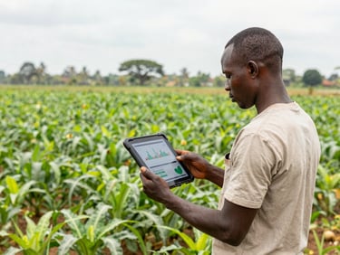 A Ugandan farm manager in a bright green crop field holding a rugged mobile tablet showing agricultural data graphs, natural equatorial sunlight.