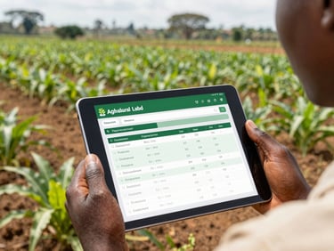 A close-up of a mobile tablet displaying an agricultural ledger interface, held by a cooperative manager in a lush Ugandan crop field, bright daylight