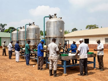 Wide environmental shot of a modern clean fertilizer manufacturing facility in Uganda, local staff in protective gear operating machinery, bright natural daylight