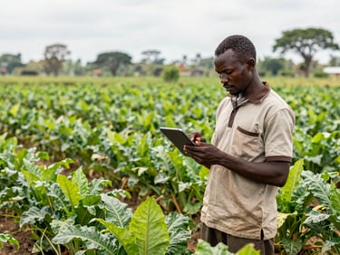 A Ugandan farm manager using a mobile tablet in a lush crop field, bright natural equatorial daylight, editorial documentary style