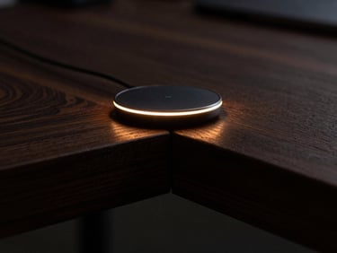 Macro shot of a dark oak table joint with a flush-mounted wireless charger emitting a faint warm amber LED ring light, dark low-key editorial photography.
