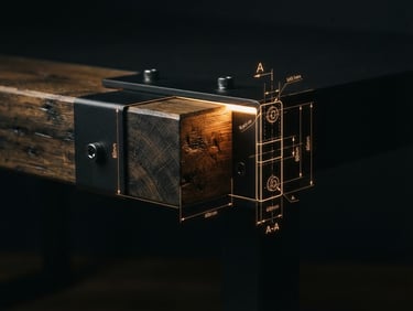 Dark low-key editorial photography of a minimalist steel and oak table joint, technical CAD lines overlay concept, dramatic amber LED glow, macro depth of field