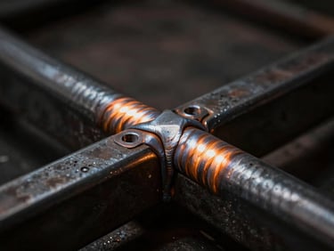 Macro photography of a seamless weld joint on black powder-coated steel, dramatic side-lighting, warm orange LED backlight reflecting on brushed metal, dark industrial background