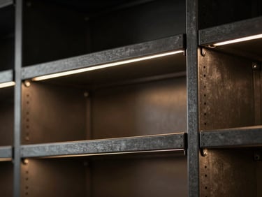 Industrial steel shelving unit with integrated warm LED strip lighting, raw brushed metal texture, dark low-key editorial photography.