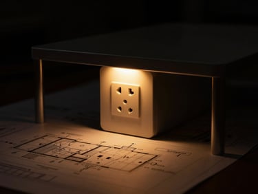 Technical architectural blueprint of a floor electrical outlet plan under a minimal steel table, dark low-key editorial photography, warm amber LED glow, 35mm