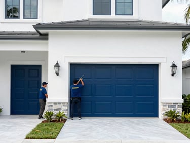 Luxury home exterior being secured for a hurricane, clean lines, professional crew, bright natural daylight, South Florida.