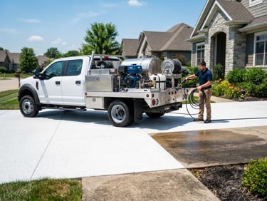 Clean, professional pressure washing truck parked on a freshly cleaned driveway, bright midday sun, sharp detail, 35mm lens