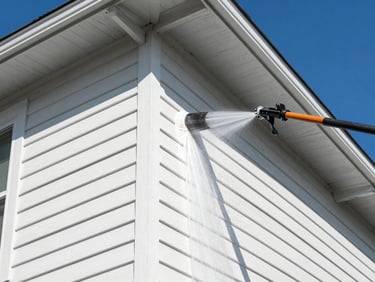 Residential house siding being pressure washed, half clean and half dirty, bright midday sun, sharp detail, low angle