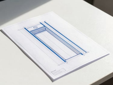 Architectural blueprint of elevator shaft layout resting on a clean white desk, crisp shadows, natural light