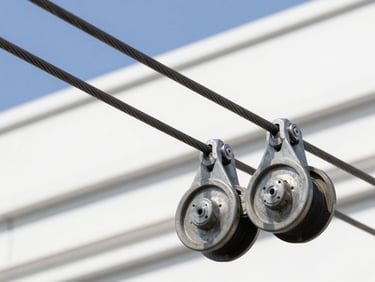 Close-up of clean steel elevator cables and mechanical sheaves under bright natural daylight, sharp focus