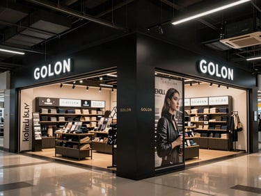 Wide shot of a branded retail corner installation inside a department store, illuminated signage and vinyl graphics applied to walls and fixtures, overhead angle showing the complete branded environment, practical retail lighting, deep tones, no people, no text