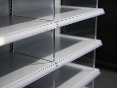 Extreme close-up of a fabricated retail POP display shelf unit, metallic and acrylic finishes catching dramatic studio strobe light, clean black background, sharp material detail visible on edges and joints, no people, no text